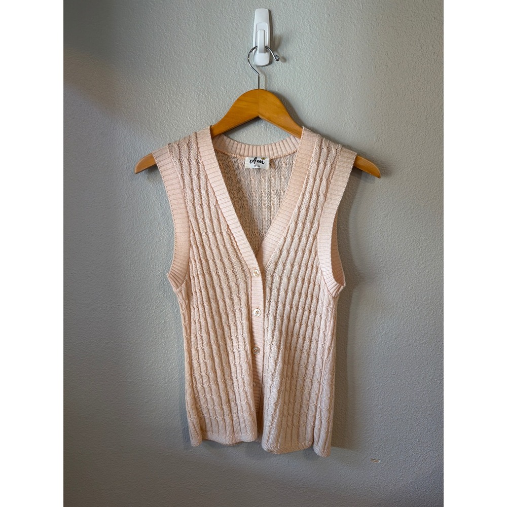 Ami Vintage Cable Knit Sweater Vest‎ Women Size 8-9 Peach Pink Button Up V-Neck
